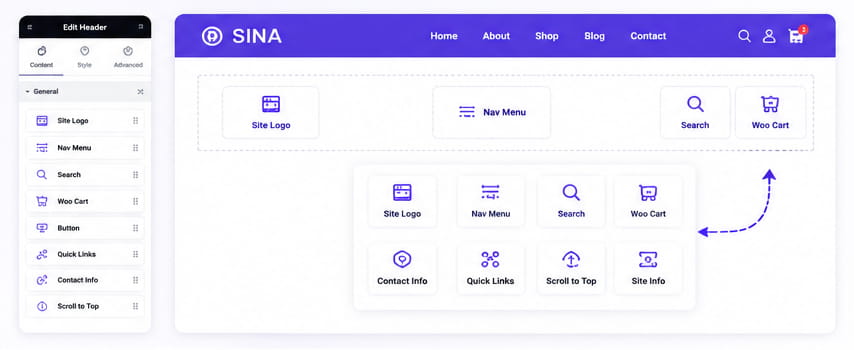 Elementor Header Builder widgets – Site Logo, Nav Menu, Search, Woo Cart and more by Sina Extension