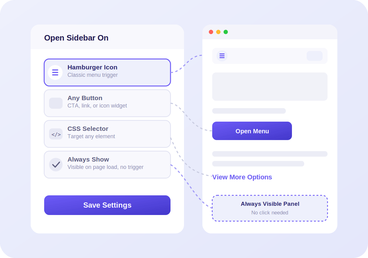 Sidebar trigger options – Hamburger Icon, Button, CSS Selector and Always Show by Sina Extension